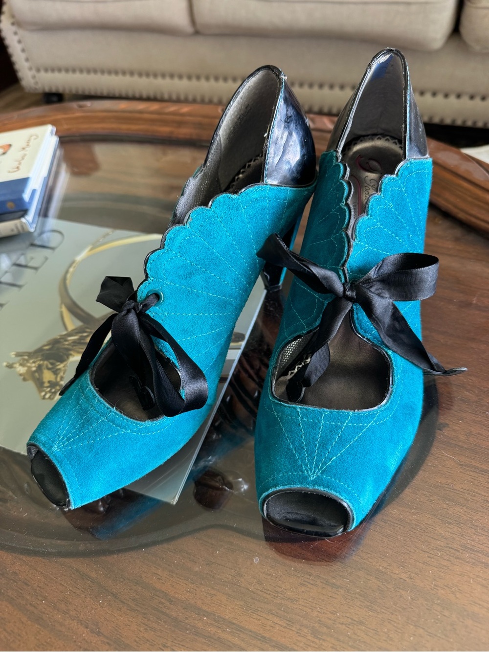 Poetic License Teal Scalloped Peep-Toe Heels with Black Satin Ribbon